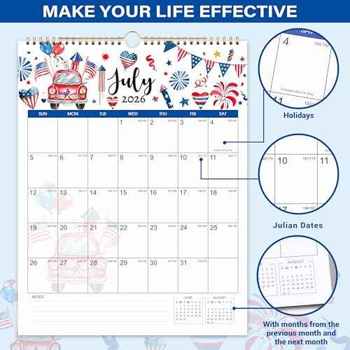 2026 Calendar - 2026 Wall Calendar, January - December 2026, 11.49'' x 14.56'', Vertical Wall Calendar 2026 with Julian Dates, Hanging Hole, Thick Paper