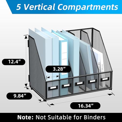 SUPEASY Small Black Metal Desk Organizer with 5 Vertical File Compartments