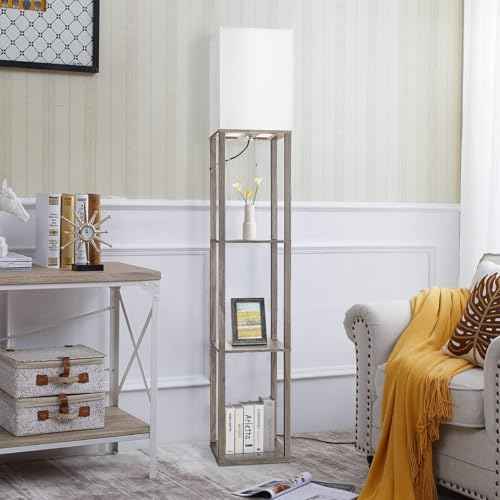 Floor Lamp with Shelves£¬Wood Corner Floor Lamps for living room tables with 3 CCT LED Bulb,Modern Display Bookshelf Nightstand Lamps,Column Standing Lamp for Bedroom Office Home Decor-Rustic Wood