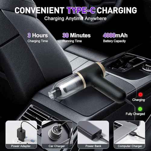 70W Compressed Air Duster 4000mAh USB-C Cordless Air Blower Replaces Canned Air for PC Keyboard Car Outdoor Barbecue with 16000Pa in-car Mini Vacuum Black