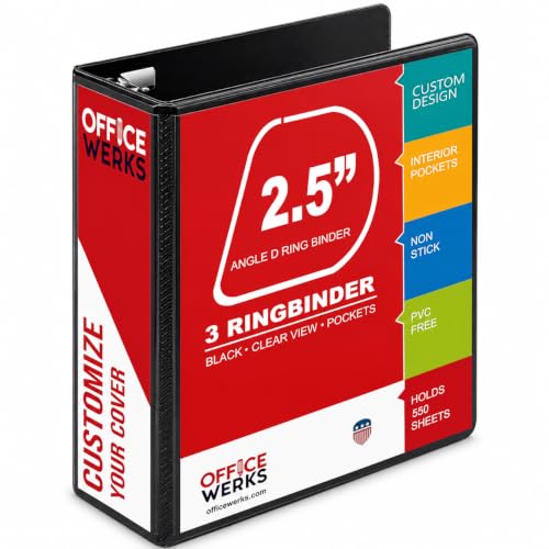 2.5 Inch Black 3-Ring Binder with Clear View & Inside Pockets - Professional Organization