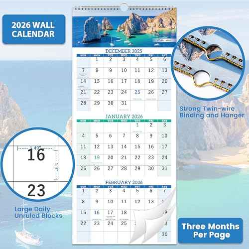 2026 Calendar - Dec. 2025 - Jan. 2027, 3 Month Calendar Vertical Display, Wall Calendar 2026, 11" x 26"(when opened)