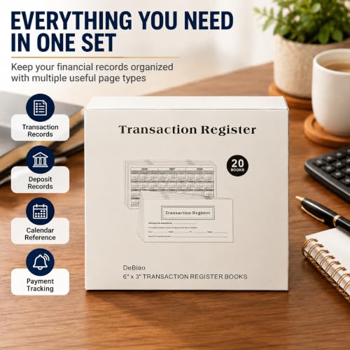 DeBiao 12-Pack Check Register Book, 6"x3" Personal Checkbook Ledger with Extra Wide Description Columns
