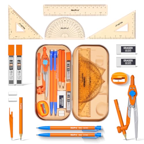 Nicpro 17 PCS Geometry Set with Protractor, Compass & Ruler for Students