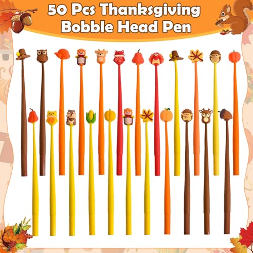 50 PCS Thanksgiving Stress Relief Bobblehead Pens Kawaii Maple Leaves Pumpkins Scarecrows Turkeys Shape Pens Fun Cute Pen for kids Fidget Pen for Classroom Prizes, School, Office Supplies