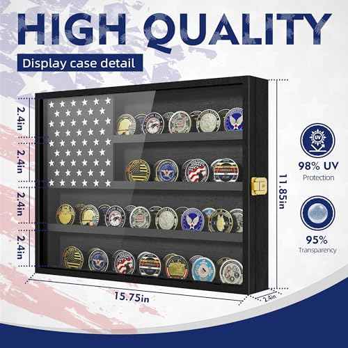Military Challenge Coin Display Case 16 x 12 in, Wooden American Flag Shadow Box with Anti-Dust UHD Acrylic Door, Gold-Antitheft Lock & Wall Mount, Gift for Collectors (Black Large)