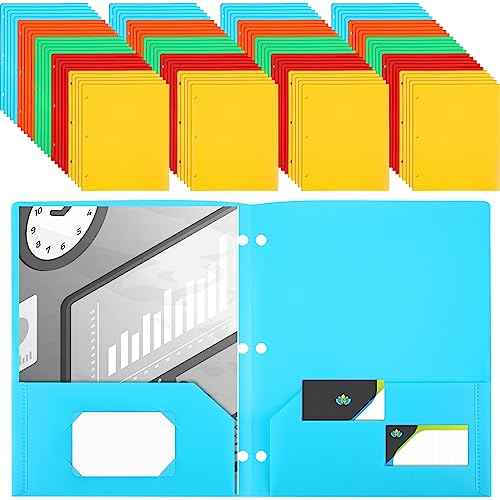 Seajan 100 Pcs Plastic Folders with Pockets, Heavy Duty, 2 Pockets, 3 Hole Punch, Letter Size, 5 Bright Colors