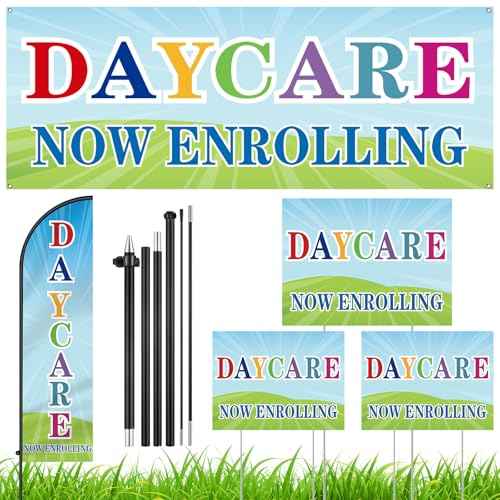 5 Set Daycare Now Enrollling Sign Include 3 Daycare Yard Sign with Stake 7 ft Feather Advertising Flag with Pole 8 x 11 ft Banner for Business Promotion