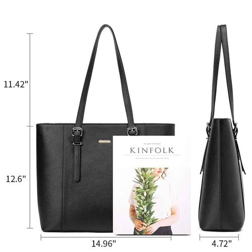 BROMEN Leather Laptop Bag for Women 15.6 inch Computer Office Briefcase Handbag Shoulder Work Tote with Padded Compartment black