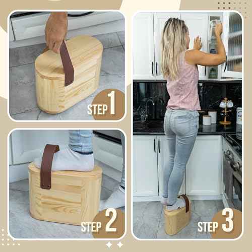 Wooden Step Stool for Adults with Handle ? 8 Inch Wood Step Stool for Kitchen Bathroom ? Slim One Foot Stepping Stool Leather Handle ? Non Slip Compact Portable Narrow Wooden Stepstool for Adult