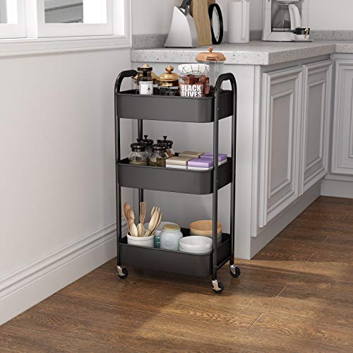 MAX Houser Black 3-Tier Rolling Utility Cart with Lockable Casters – Easy Assembly