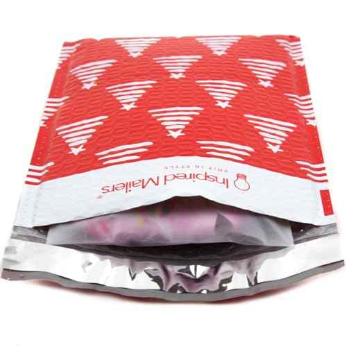 Bubble Mailers 6x9" - Red Christmas Trees with Writable Area - 25 Pack - Holiday Poly Padded Envelopes and Bubble Shipping Mailers