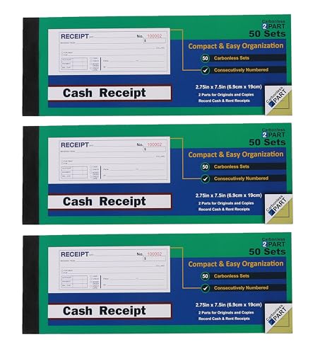 Gimehome 50-Set Carbonless Receipt Book 7.5 x 2.75 in, White & Canary, Bound Wraparound Cover, 2-Part, 3-Pack (Variation 3)