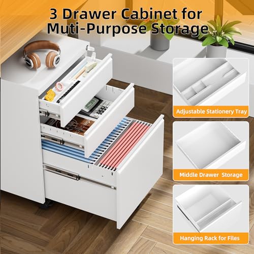 INTERGREAT White 3-Drawer Mobile Filing Cabinet with Lock (Assembled) – Under-Desk Metal File Cabinet on Wheels, 23.8" H