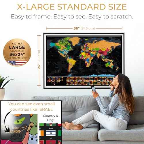 XL Scratch Off World Map with 233 Flags ? 36 x 24 Scratch Off Map of The World + Scratch Off USA Map ? Easy to Frame World Scratch Off Map + Tools ? Travel Map Wall Poster - Deluxe Gift for Travelers (BLACK)