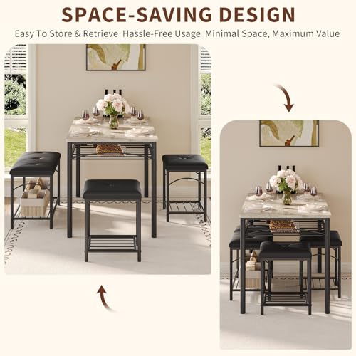 IDEALHOUSE Dining Table Set for 4 in Gray — Upholstered Benches & 2 Stools, Small Space Kitchen & Dining