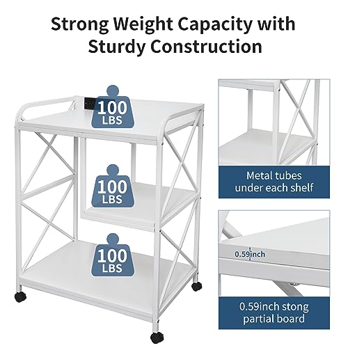 White Printer Stand, Printer Table with Storage Shelf for Home Office, 23 x 18 Inch Large Home Printer Stand with Power Outlet USB Port, Printer Cart, PC Tower Stand, White