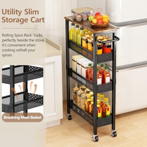 Gibyela 4-Tier Slim Rolling Cart with Wood Top, Black 7.1in Width