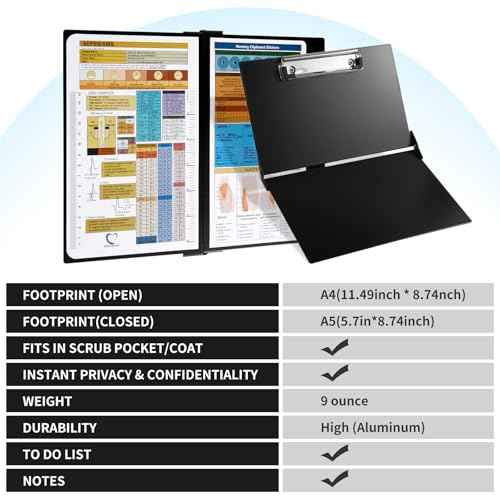Nursing Clipboard with Nursing and Medical Edition Cheat Sheets Nursing School Essentials - Aluminum Foldable Nurse Clip Boards Essential Accessory for Efficient Patient Care (Black)