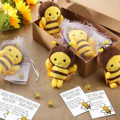 24 Sets Bee Stuffed Animal Emotional Plush Included Bee Plush Keychains Inspirational Cards and Organza Bags Positive Gifts for Christmas Birthday Party Supply