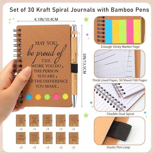Honoson 30 Set Christmas Employee Appreciation Gift Bulk Thanksgiving Inspirational Notebook with Sticky Note and Motivational Bamboo Ballpoint Pen for Team Staff Cowerker Volunteer Must Have Office