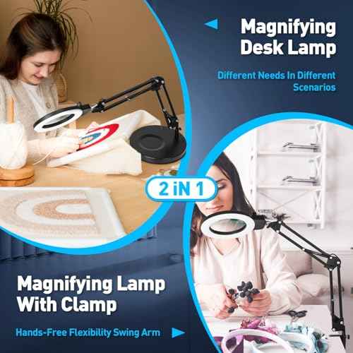 KIRKAS 12X Magnifying Glass with Light and Stand, Any Color Modes & Stepless Brightness LED Magnifying Lamp with Clamp, 2-in-1 Magnifier Glass Lens Desk Lamp for Crafts Hobby Reading Close Work