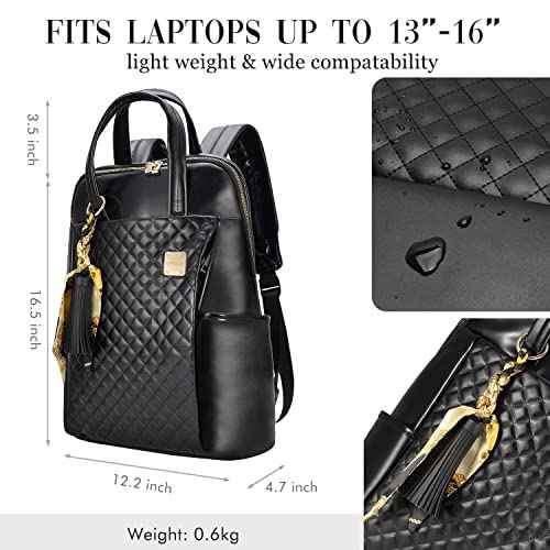Laptop Backpack for Women Slim Travel - Laptop Bag Computer Case Fit up to 15.6-inch Notebook Lightweight Medium Size Purse for Work Bookbag Water-resistant Business Fashion Stylish PU Leather Black