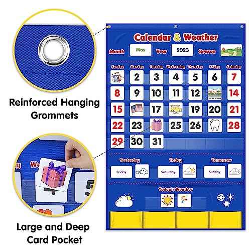 Godery Calendar and Weather Pocket Chart with 149 Cards, Kids Calendar for Classroom or Homeschool,Preschool Learning Activities Supplies, Kindergarten Must Haves (Blue)