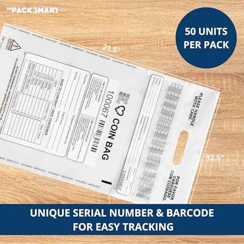 Clear Plastic Coin Bag 12.5" x 21.5" | 50 lb. Capacity | Sequential Barcode Number, Self-Sealing, Permanent Adhesive, Ideal for Handling and Transport of Coins and Casino Chips | 50-Pack