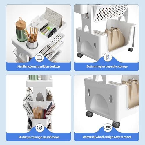 5-Tier Rolling Book Cart with Lockable Casters – Multi-Functional Mobile Bookcase (White)