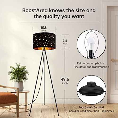 BoostArea Floor Lamp, Tripod Floor Lamp, 8W LED Bulb, Decorative Lamp Shade, Mid Century Standing Lamp for Living Room, Bedroom, Study Room and Office