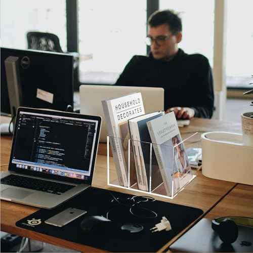 SEANADO Clear Acrylic Magazine File Holder with 3 Vertical Compartments Desk Organizer Book Rack for Home Office Desk Sorter Paper Folder Stand Bookshelf