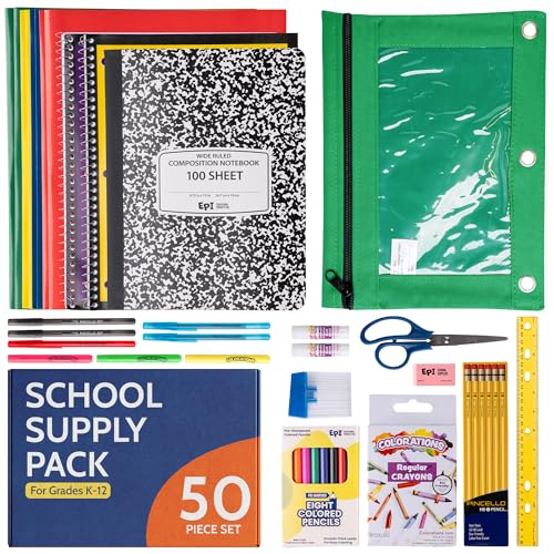 K-12th Grade School Supplies Kit – 50 Items for Homeschool & Classroom – Wide-Ruled Notebooks & Art Supplies – Single Pack