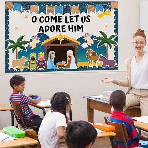 Christian Nativity Religious Bulletin Board Set 2025 VBS Christian Jesus Birth Classroom Decorations Border Cutout for Sunday School Church Chalkboard Wall Decor Summer Christmas Holiday