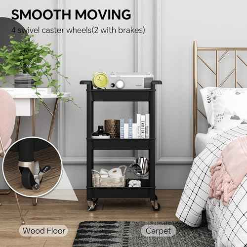 3-Tier Utility Rolling Cart with Cover Top Board, Mobile Utility Cart with Lockable Casters Multi-Functional Storage Trolley for Office, Bathroom, Kitchen, Garden, Laundry Room (Black)