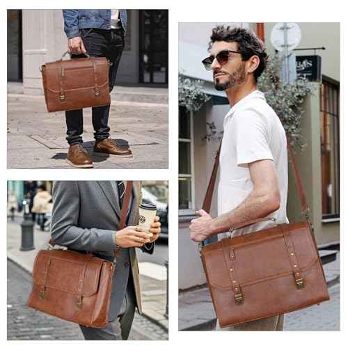 Mens messenger bag 17 inch, Waterproof Faux Leather Laptop Briefcase Large Computer Laptop Bag Leather Satchel Bag Retro Shoulder Bag for Office Business Travel College Brown