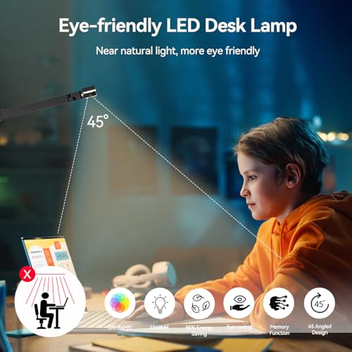 LED Architect Desk Lamp with Clamp - 24W Ultra Bright Adjustable Swing Arm Light for Home Office, 3000 Lumen Auto Dimming Computer Lamp with Stepless Touch Control, Rotatable for Video Calls, Drafting
