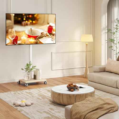 Rfiver Rolling TV Stand for 32 to 55 60 Inch TVs up to 88lbs, Height Adjustable Mobile TV Stand with Wood Base, Space-Saving Design Tall TV Cart Floor Stands for Living Room, Bedroom, Corner (White)