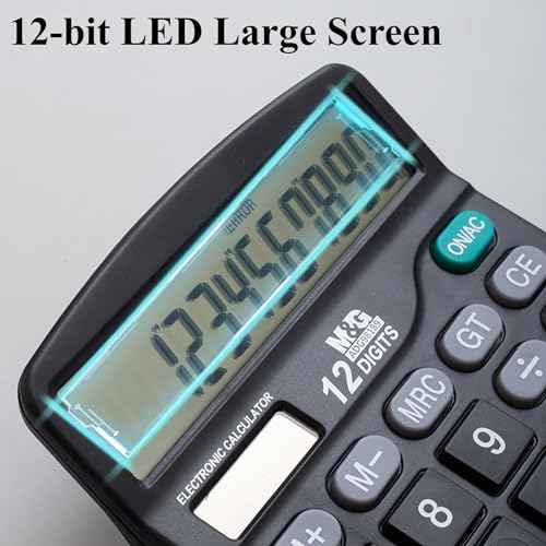 M&G Desk Calculator 12 Digit Office Calculators with Large LCD Display, Dual Solar Power and Battery, Recessed Big Button Calculator for Office Home School (Black)