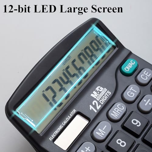 M&G Basic 12 Digit Desk Calculator with Large LCD Display, Dual Solar Power & Battery, Recessed Big Buttons for Office & Home