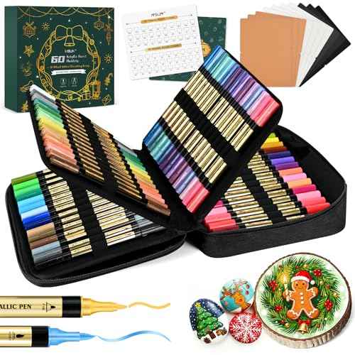 IVSUN 60 Acrylic Paint Markers, 30 Metallic & 30 Regular Colors Dual Tip Metallic Marker Pens for Black Paper, Photo Album, Rock Painting, Glass, Wood, Card Making, Scrapbook Supplies, DIY Crafts