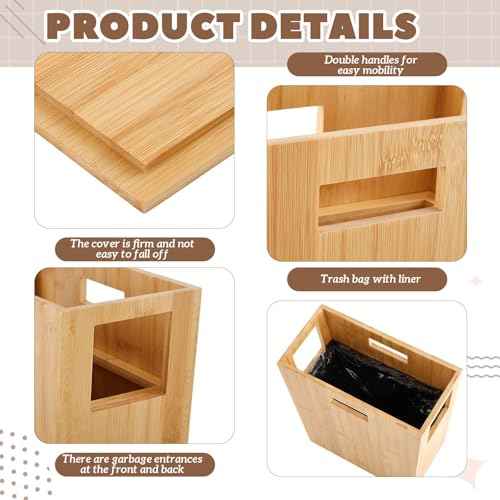 Slim Bamboo Trash Can for Bathroom Small Wooden Trash Can with Lid Wooden Waste Bin with Handle for Bathroom, Home, Office, Laundry, Bedroom, Kitchen, Living Room,12.9'' x 6.4'' x 13.3''