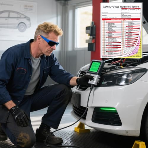 20-Pack Annual Vehicle Inspection Report Forms with Red FMCSA Aluminum Labels — 3-Ply Carbonless, 8.27 x 11 in, Tear Line, DOT Compliant