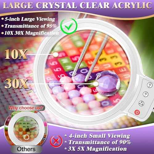 10X 30X Large Magnifying Glass with Light and Stand, 5-inch Lighted Magnifier, 72 LED 3 Color Modes Stepless Dimmable, Hands-Free Magnifying Glass Desk Lamp for Reading Craft Hobby Close Work White