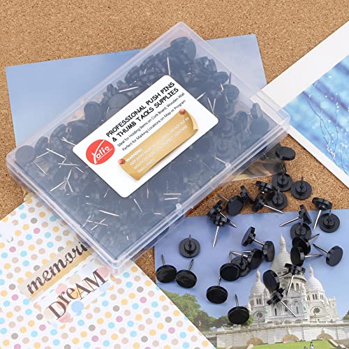 Yalis 200-Count Black Push Pins — Flat Head Thumb Tacks, Stainless Steel Pin, Plastic Head