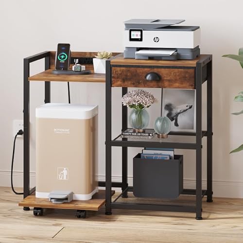 Printer Stand with Storage, Mobile Printer Table with Charging Station and USB Port for Home Office, Desktop Shredder Shelf with Wheels, Rolling Cart with Drawers, Computer Tower Stand