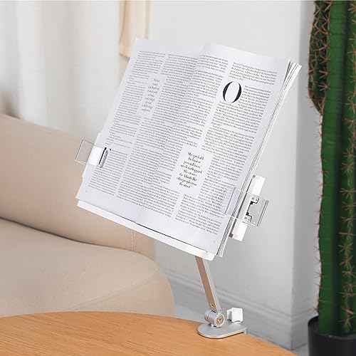 YOKIVE Book Stand for Reading, Adjustable Holder with 360¡Æ Rotating Arm & Page Clips, Portable Sturdy Book Holder, Great for Textbook (Silver, 10.3-inch)