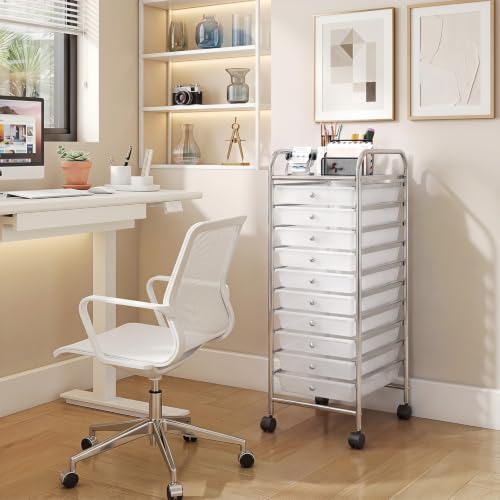 LDAILY Rolling Cart with Drawers, 10-Drawer Classroom Storage - Clear