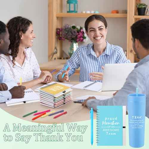 Honeydak 8 Set Employee Appreciation Gifts Bulk Thank You Tumblers with Lids and Straws 16 oz Plastic Coffee Cups with Notebooks and Pens for Coworker Christmas Office Gifts(Bright,Proud)