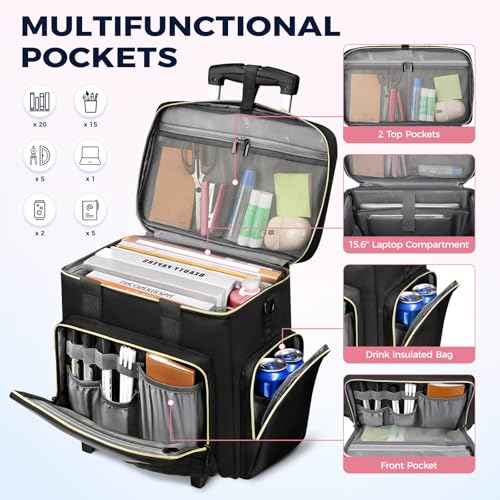 Ytonet Rolling Teacher Bag, 15.6 Inch Rolling Laptop Bag with Detachable Dolly & File Teacher Tote, Large Roller Briefcase for Women Teaching Office Work Craft Nurse, Black